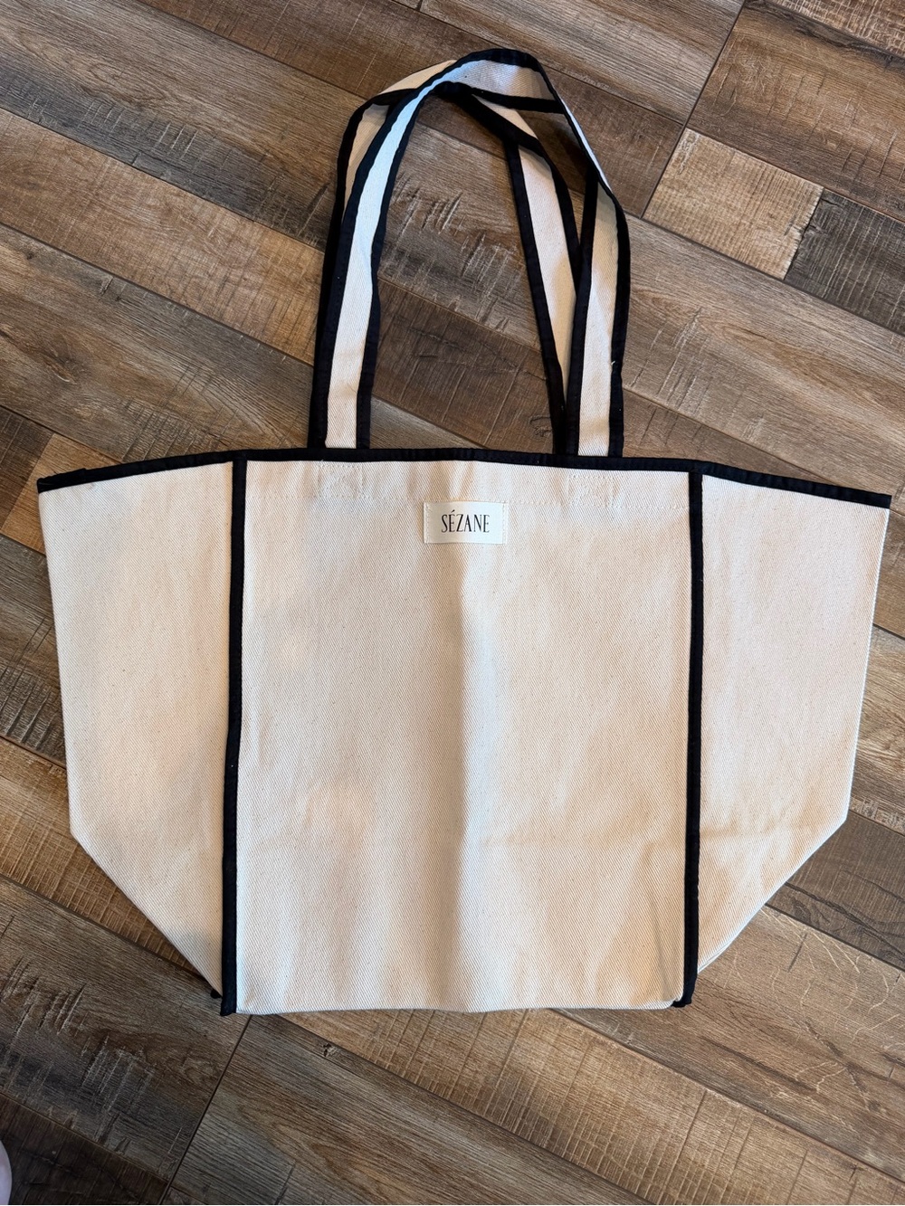 Sézane Cream Canvas Tote with Black Trim